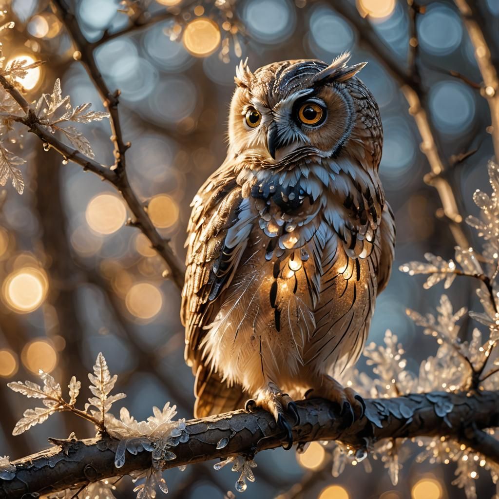 Crystalline Owl on Branch in Magical Realism