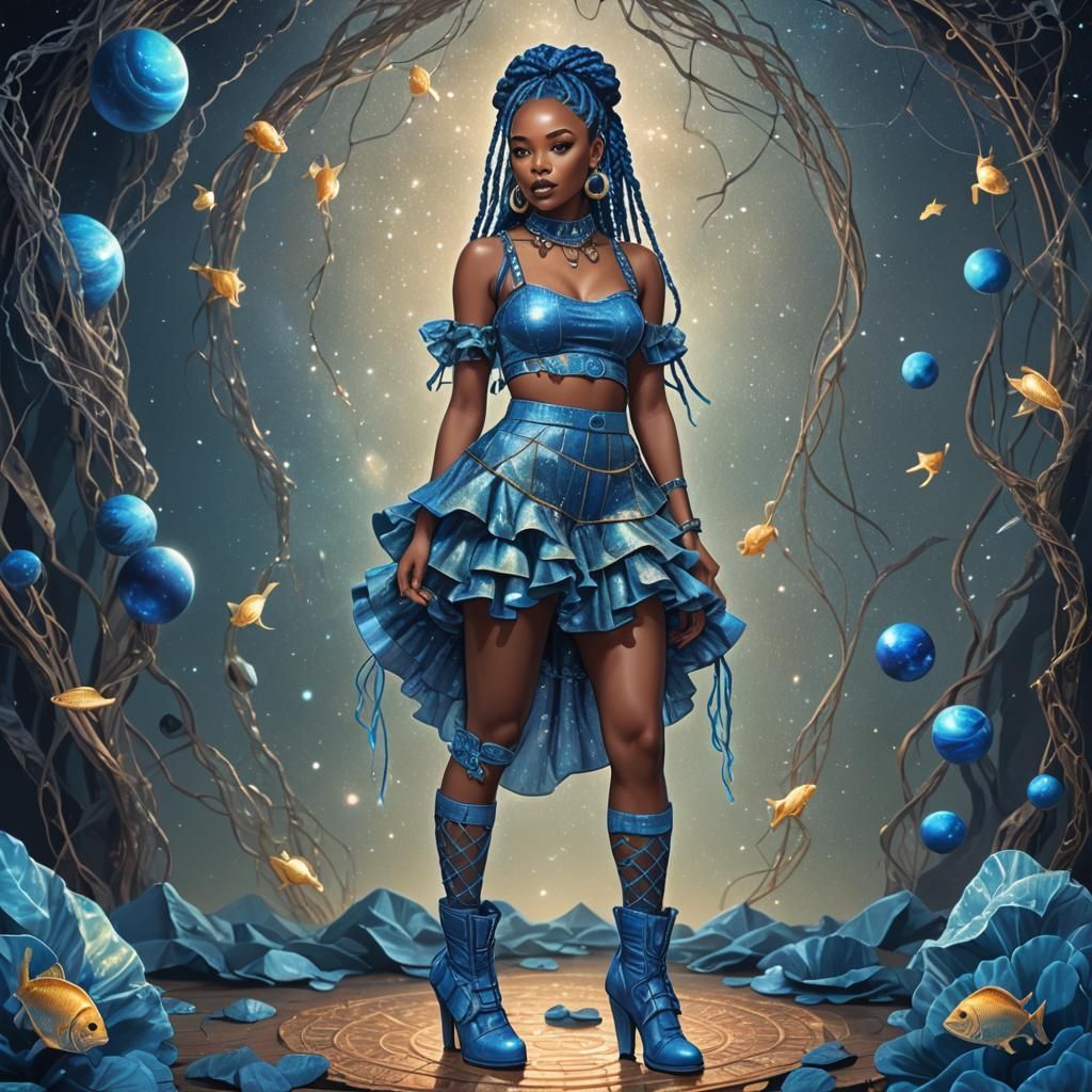 an African American girl with blue braids wearing a blue cro...