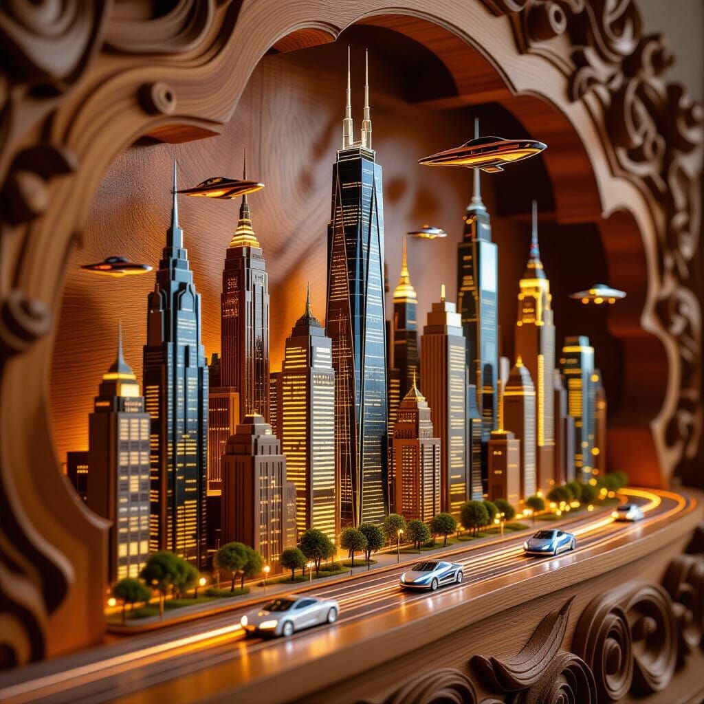 Futuristic Cityscape Carved in Wood: Hyperrealistic Diorama