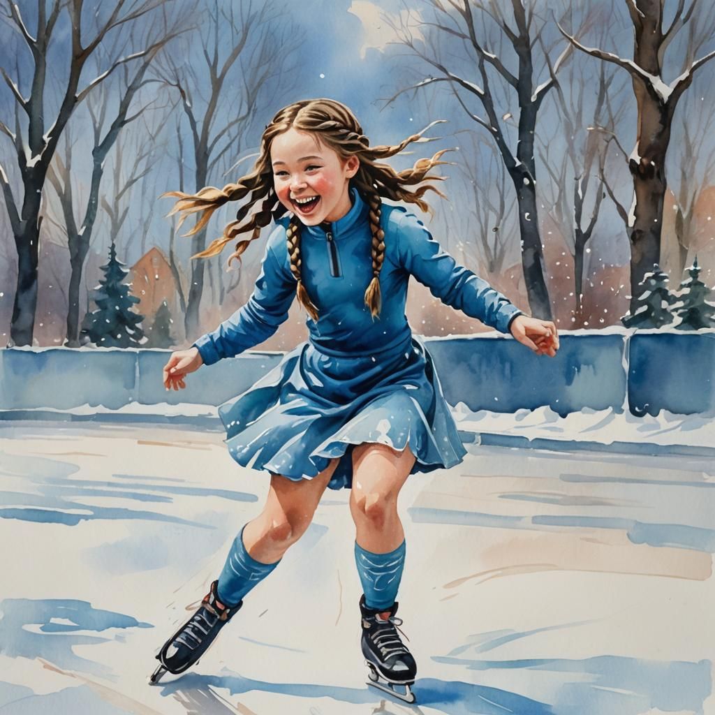 Girl Ice Skating: Gouache and Watercolor Impressionist Paint...