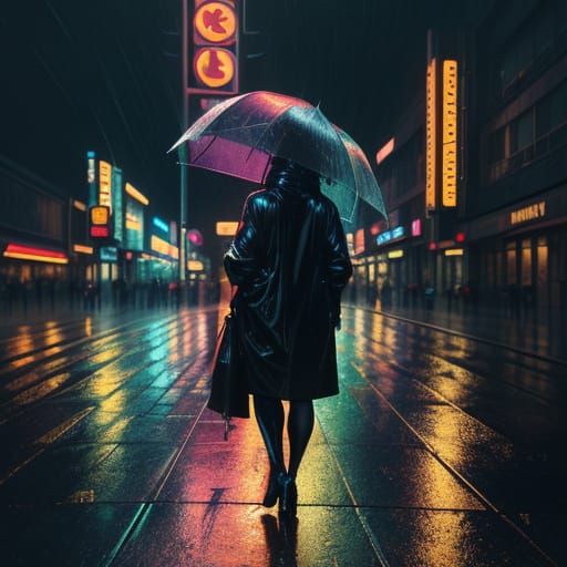 Futuristic Cityscape at Night: Neon Lights and Rain