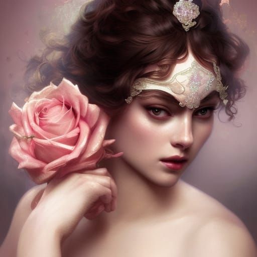 Graceful Masquerade Portrait with Pink Roses
