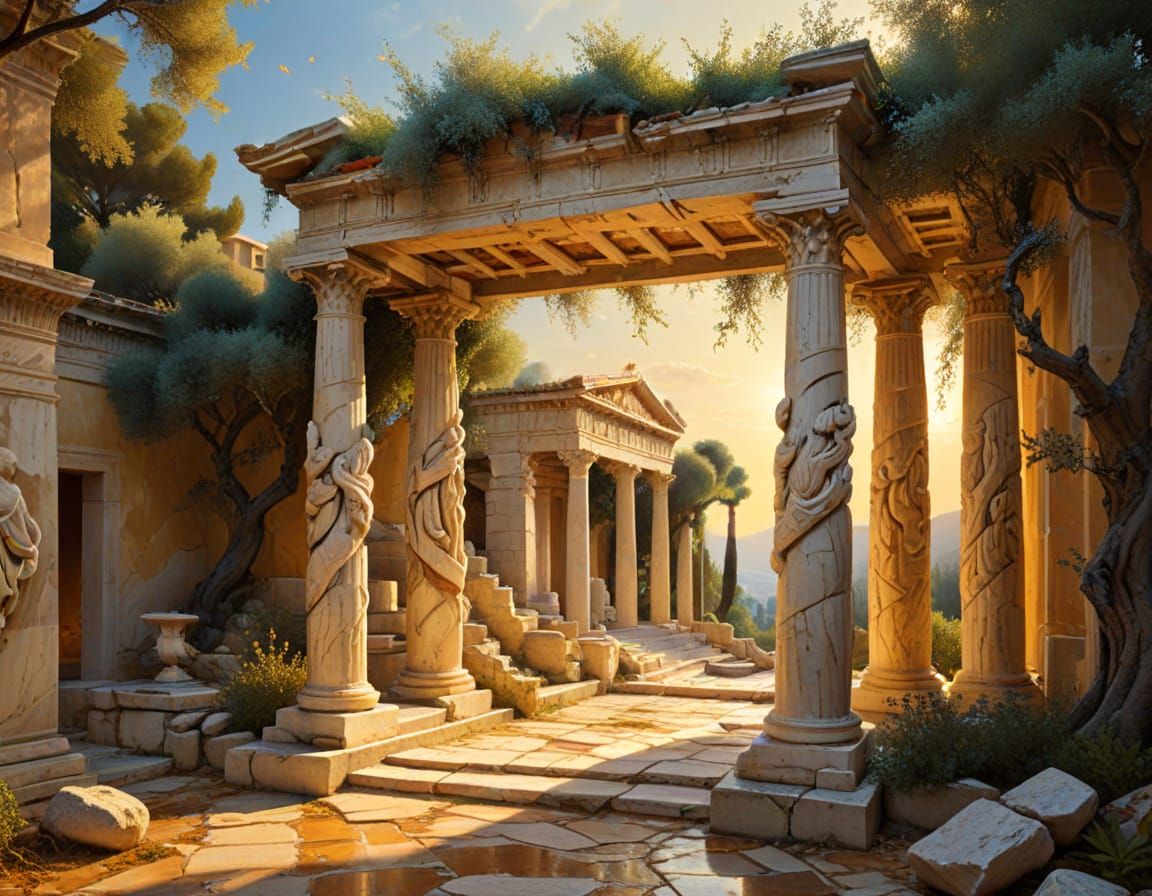 Ethereal Greek Peristyle with Living Olive Columns