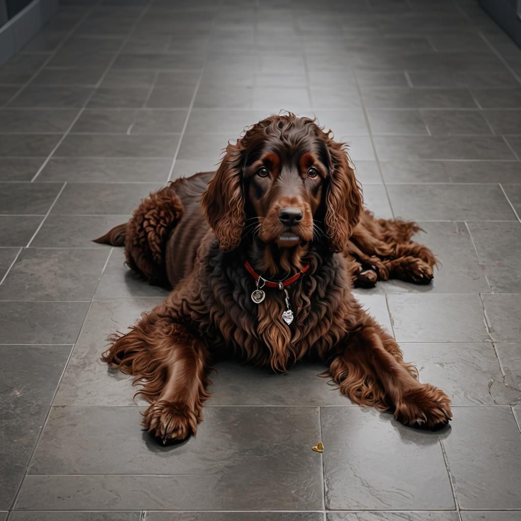 Large Black Curly-Haired Dog on Tiled Floor