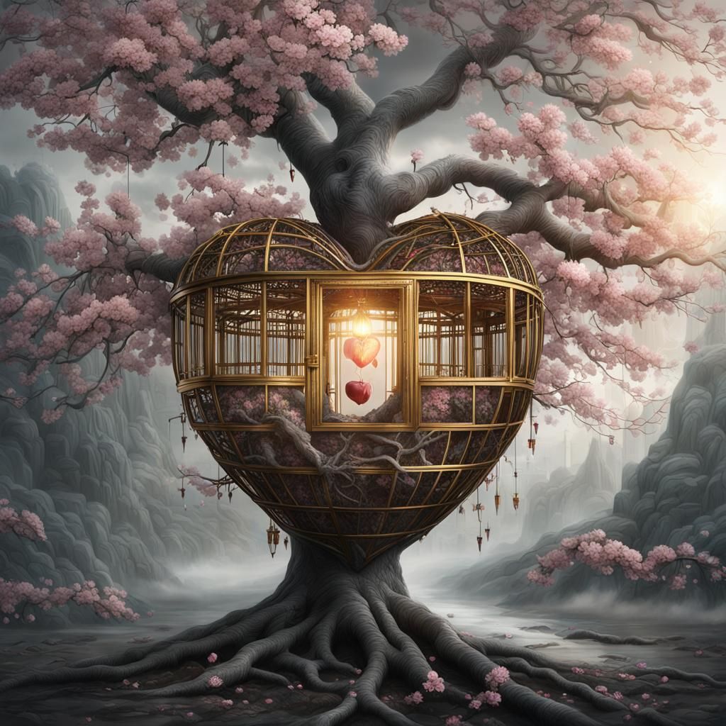 Heart with Blossoms in Golden Cage: Digital Painting