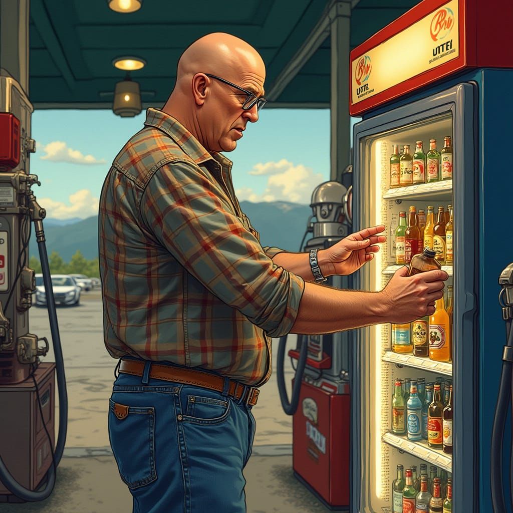 Bald Man Stocks Beer Cooler in Whimsical, Vibrant Style
