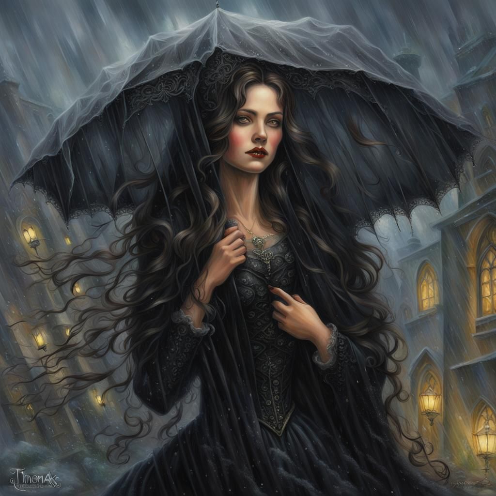 Gothic Lady in Rain with Black Veil