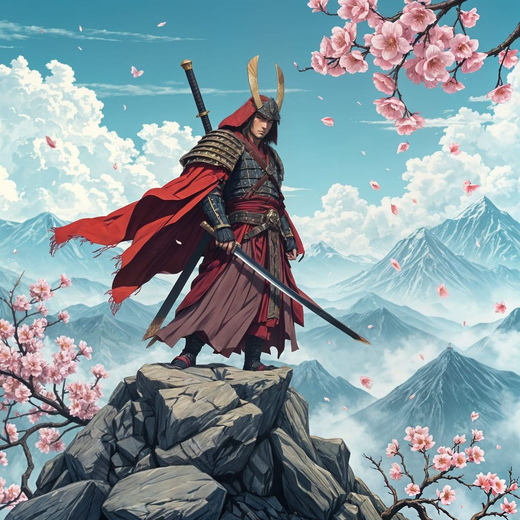 Epic Samurai Warrior Amidst Cherry Blossoms on a Windswept M...
