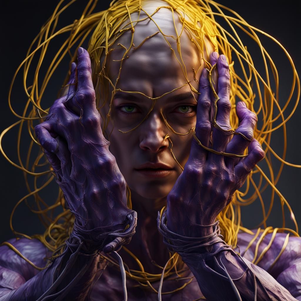 Dark Fantasy Human Puppet Controlled by Giant Hands