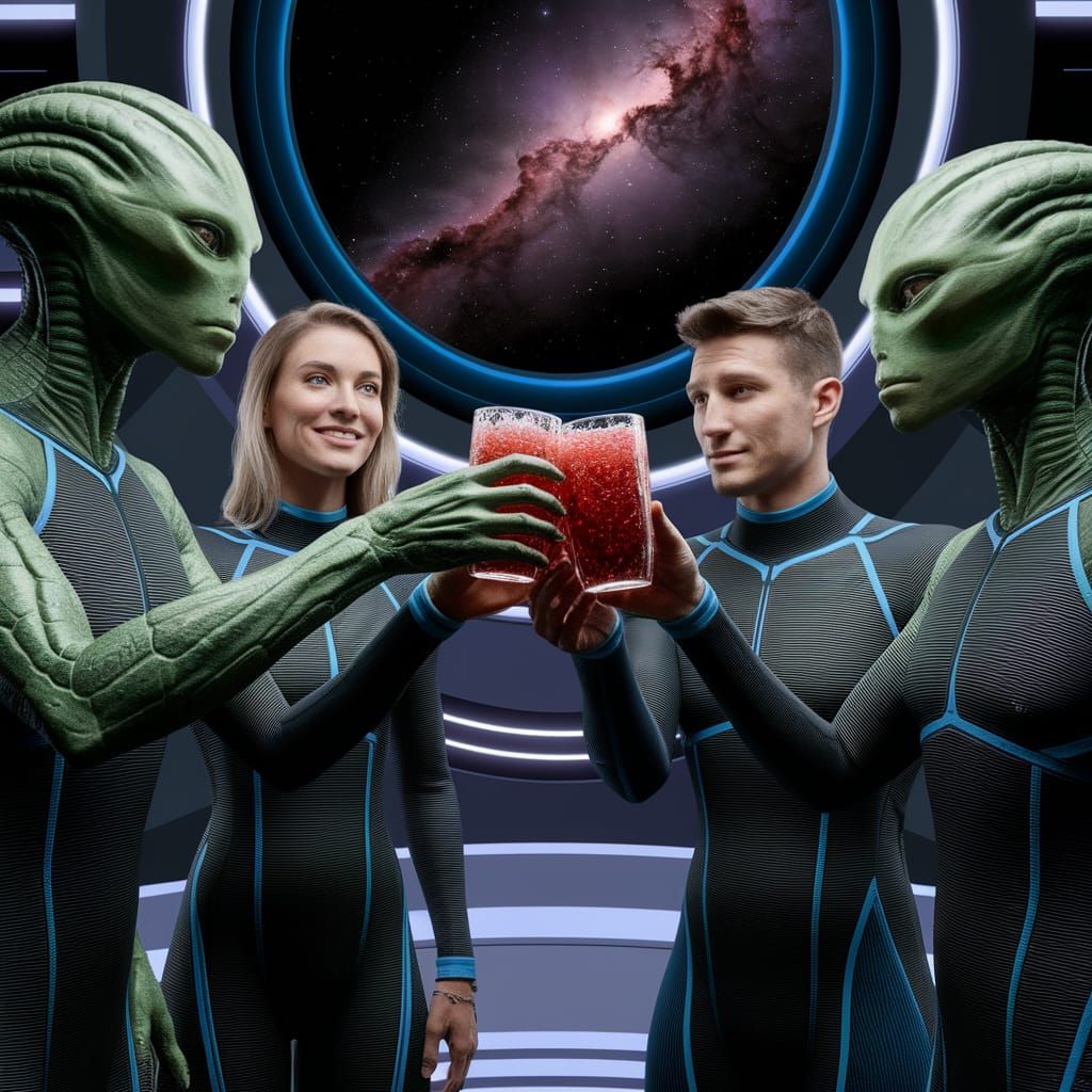 Aliens Toast Humans in Futuristic Space Setting