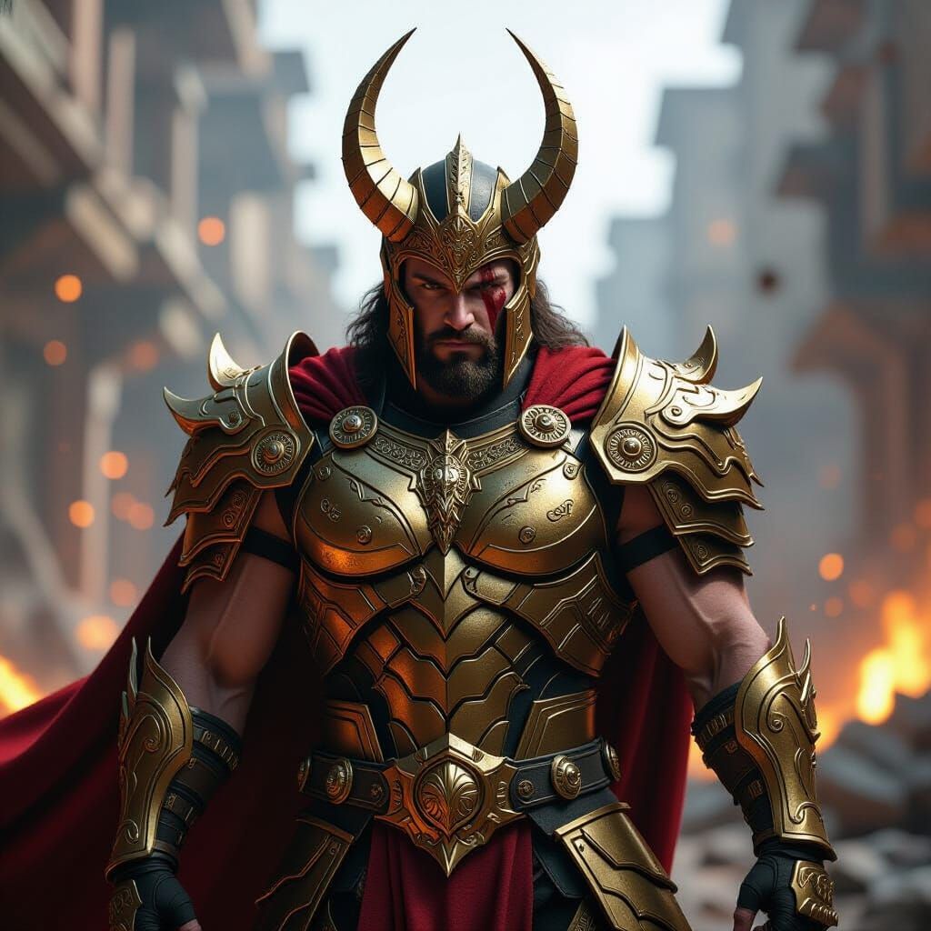 Heroic Warrior in Ornate Golden Robotic Armor