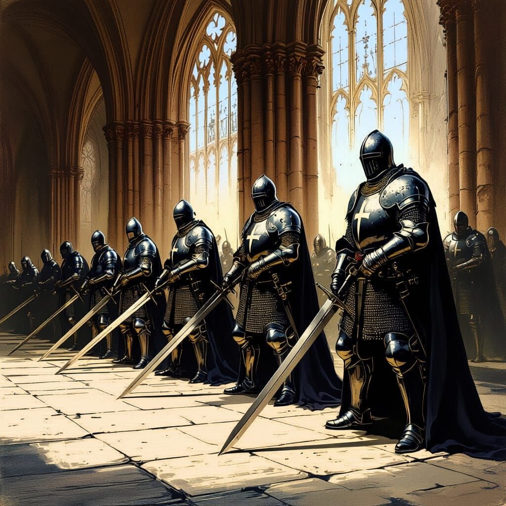 Teutonic Knights in Gothic Cathedral, Black and White Realis...