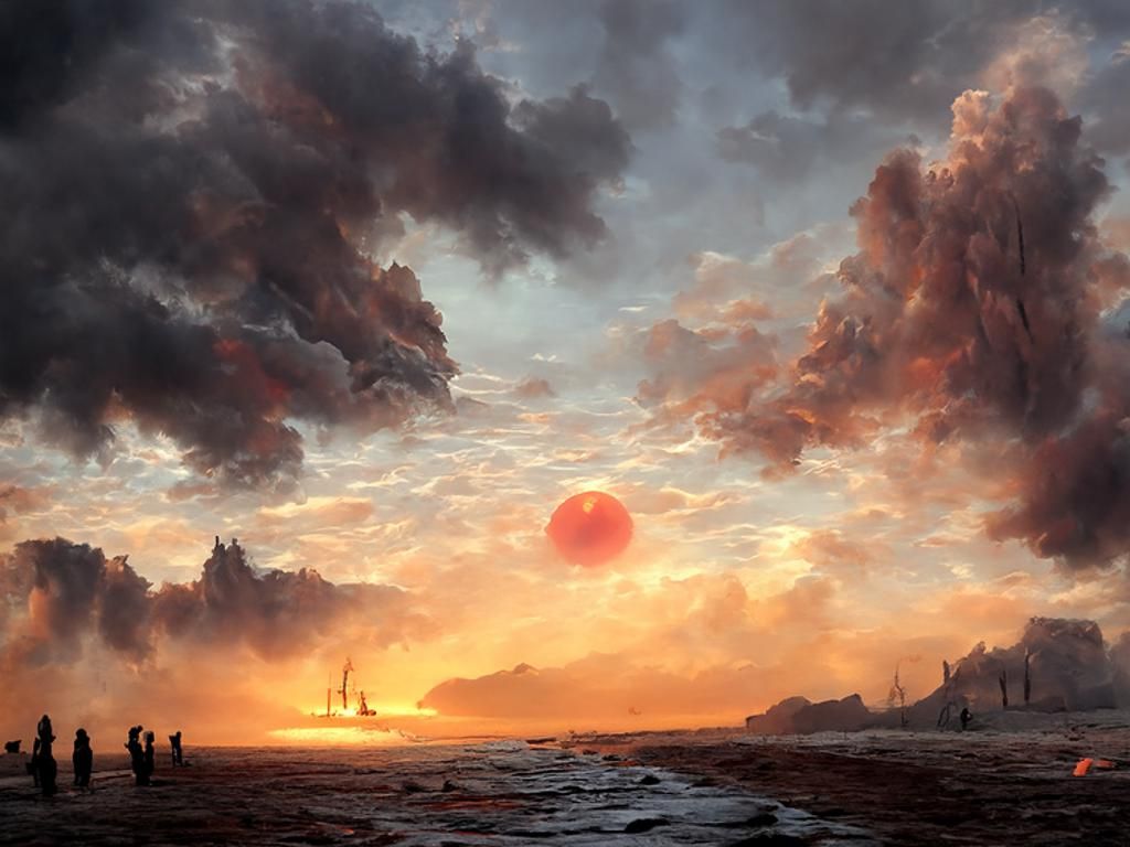 Eerie Burning Sky Beach: Hyperdetailed Photorealistic Art