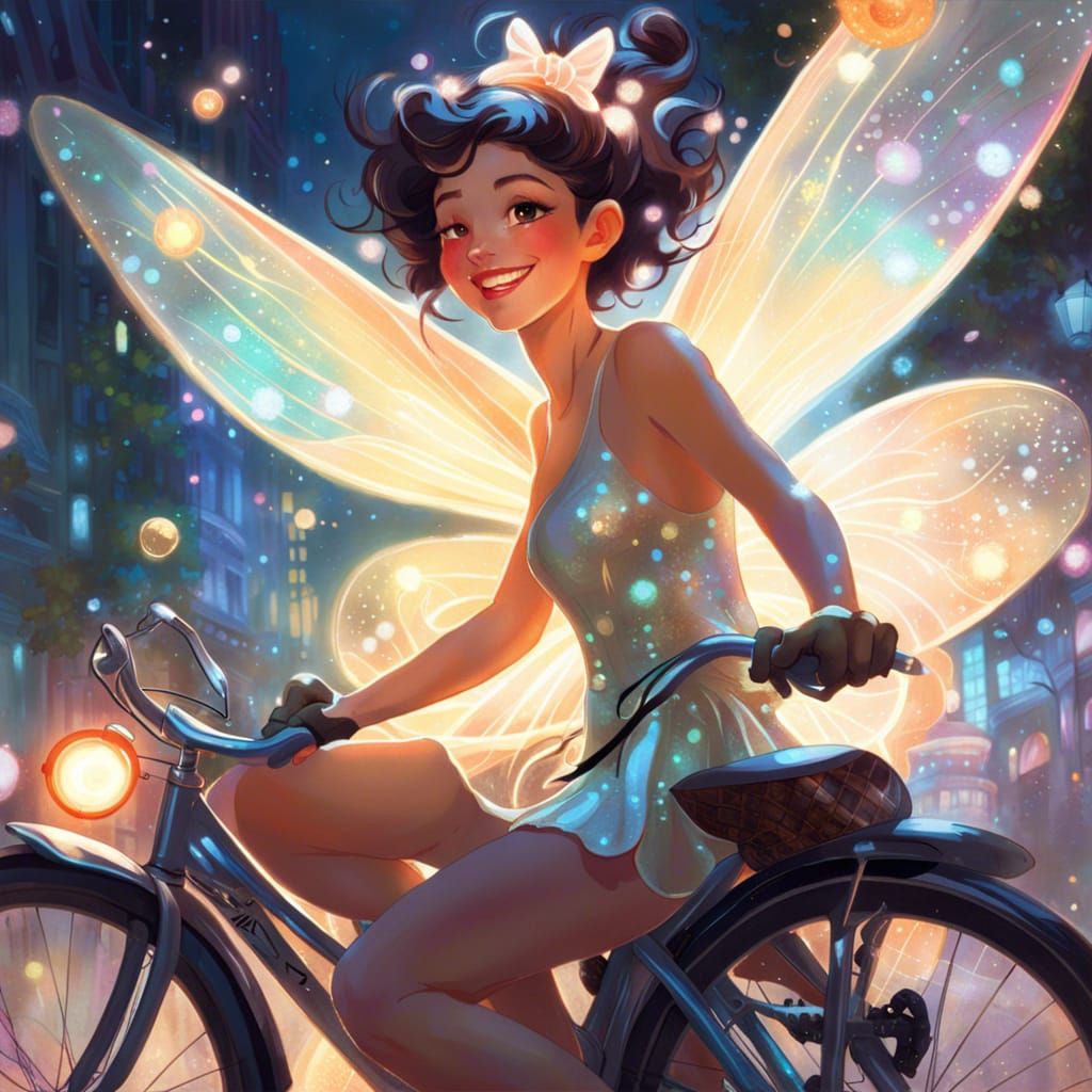 Fairy on Bicycle in Magical Landscape