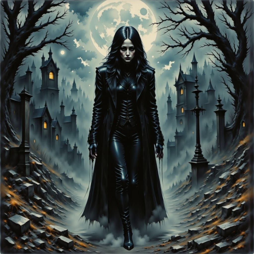 Spectral Alice in Overgrown Cemetery Under Stormy Sky