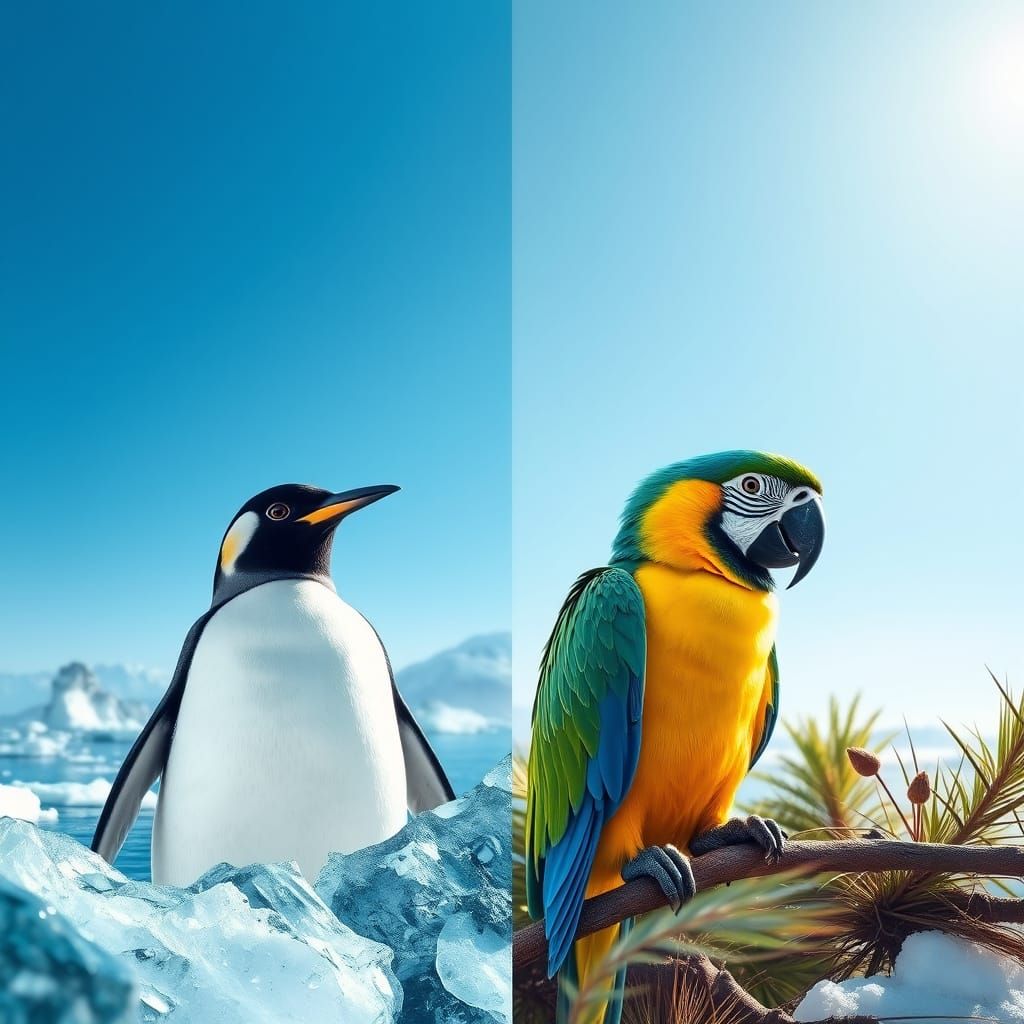 Penguin & Parrot Split: Ice vs. Jungle, Photorealistic Surre...