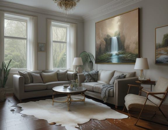 Surreal Waterfall Splashes into Cozy Living Room