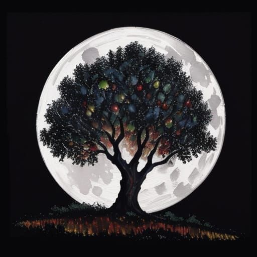 Impressionist Apple Tree Under Full Moon