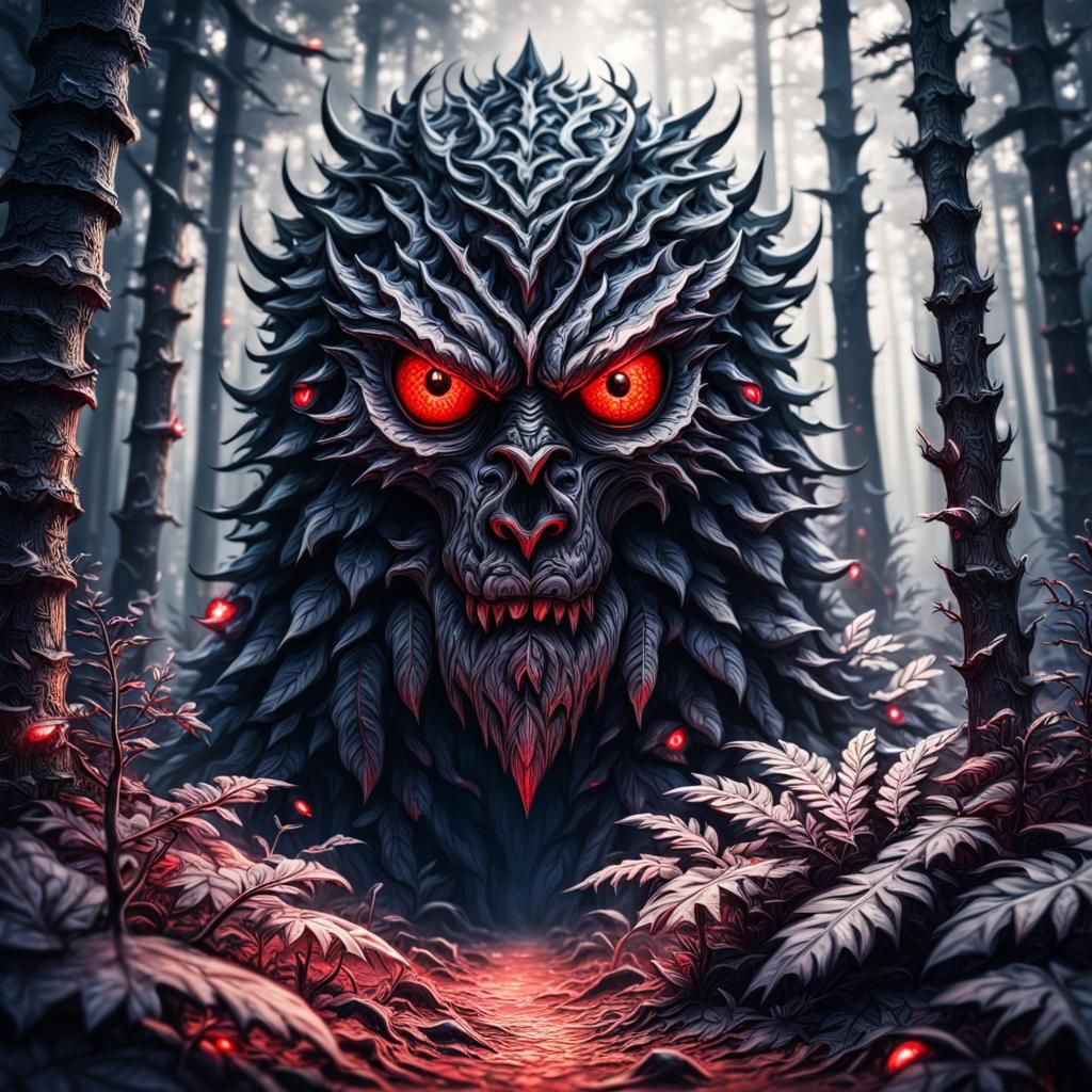 Eerie Forest with Shadow Figure in Hyperrealistic Style