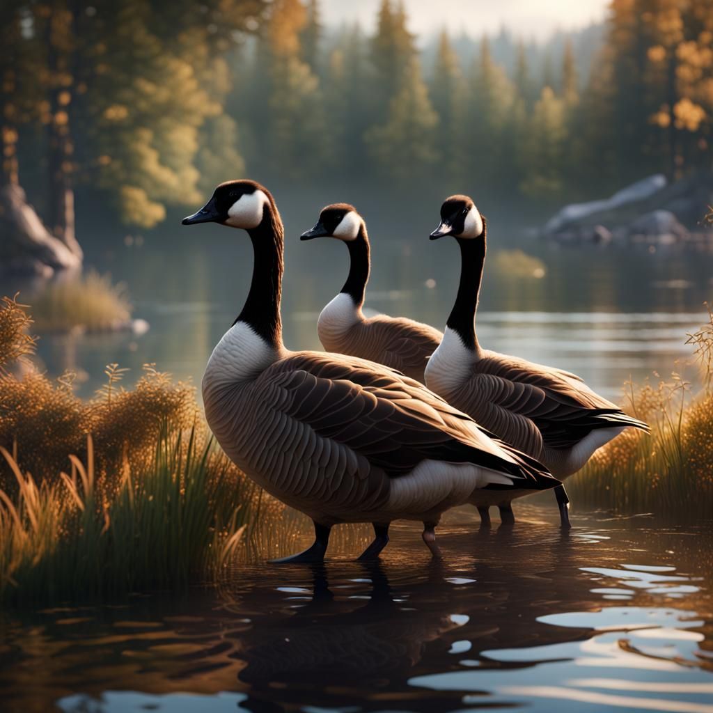 Canadian Geese and Goslings in Detailed Matte Painting