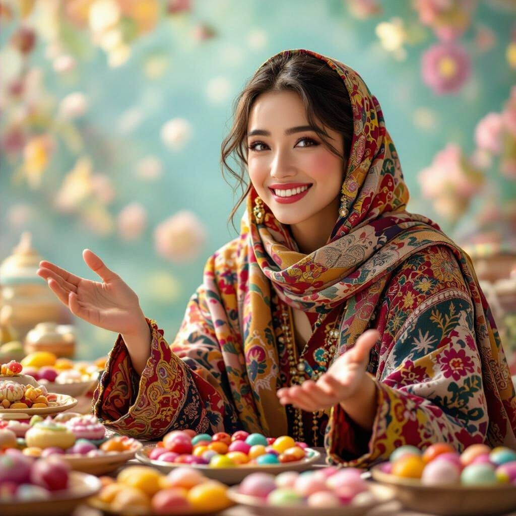 Amina with Sweets in Dreamlike Storybook Style