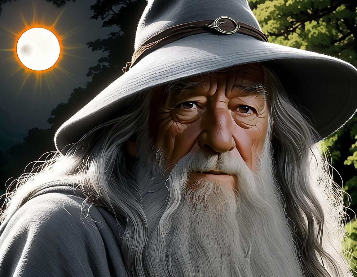 gandalf the grey at the gardens of lorien solar eclipse in a dvd screen grab of the movie the lord of the rings, drawn b...