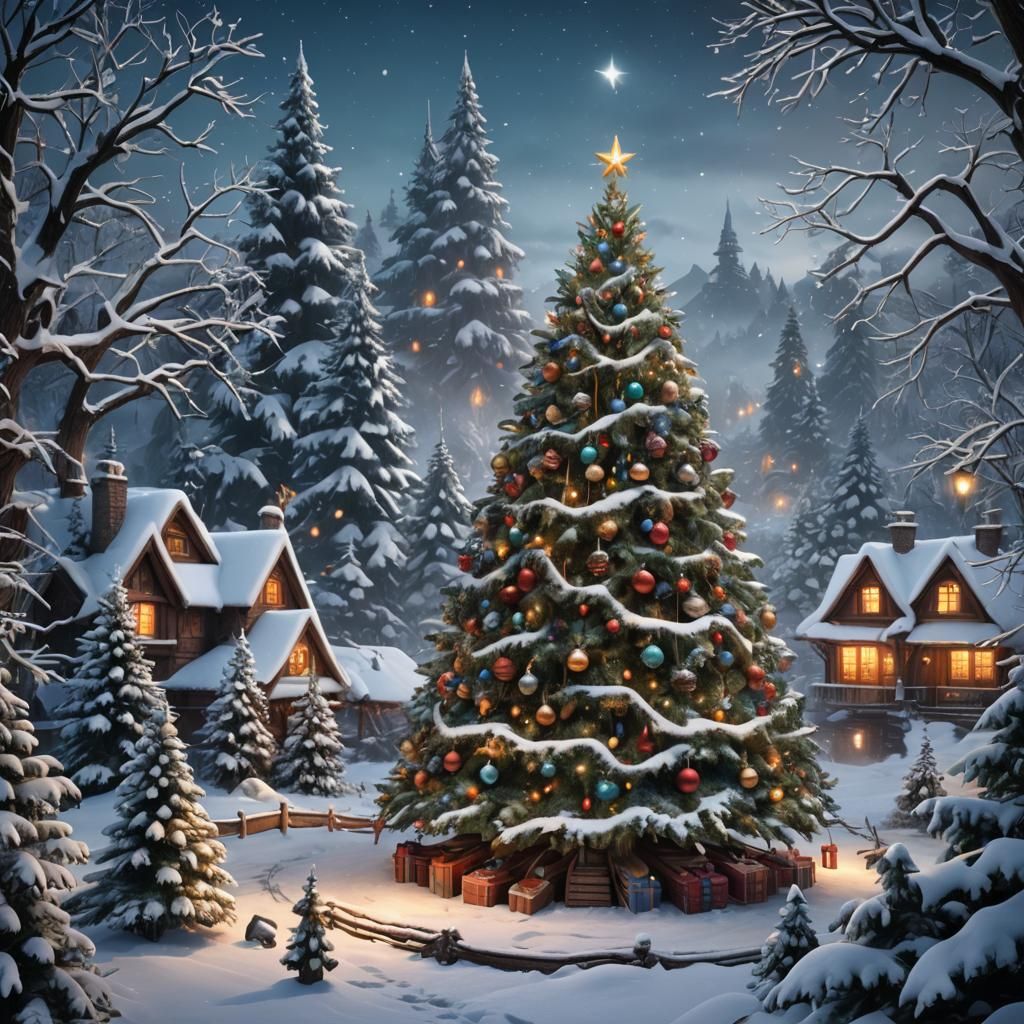 Winter Wonderland Christmas Tree in Detailed Matte Painting