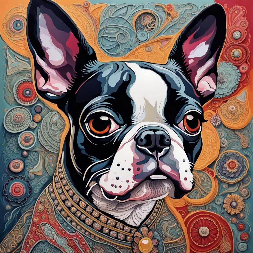 Maximalist Boston Terrier in Abstract Art Style