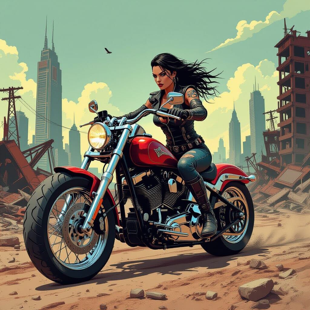 Female Biker in Wasteland, Dark Fantasy Concept Art