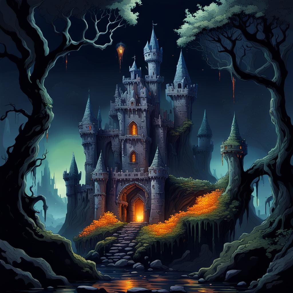 Mysterious Underworld Castle in Dark Fantasy Style