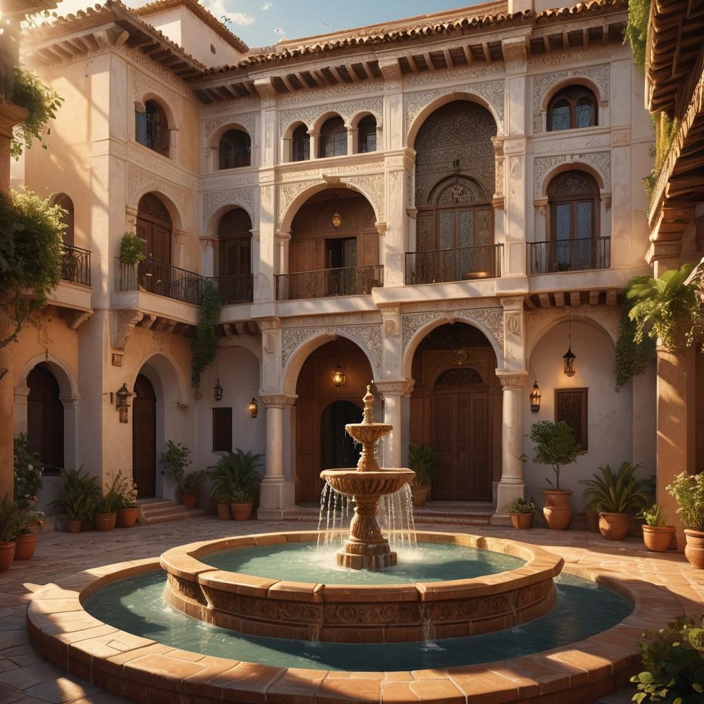 Andalucian House with Fountain in Hyperrealistic Style
