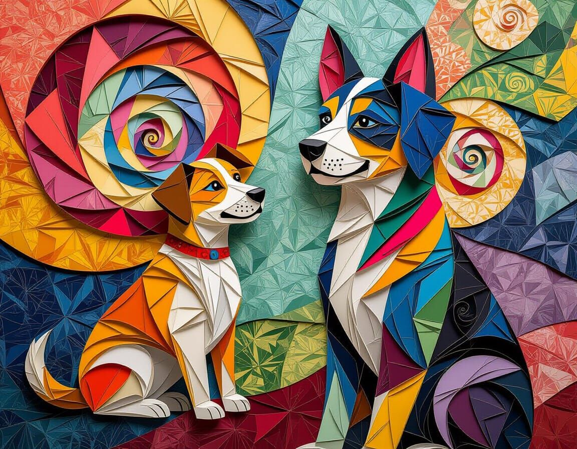 Paper Mache Human and Dog with Fractal Background