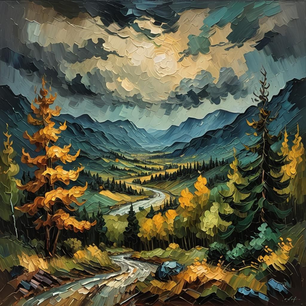 Dramatic Forest Landscape in Impasto Oil Painting Style