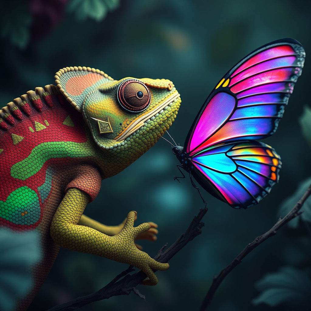 Hyperrealistic Chameleon and Butterfly Confrontation