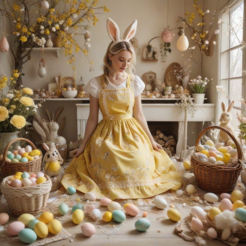 Whimsical Easter Morning Scene in Storybook Style