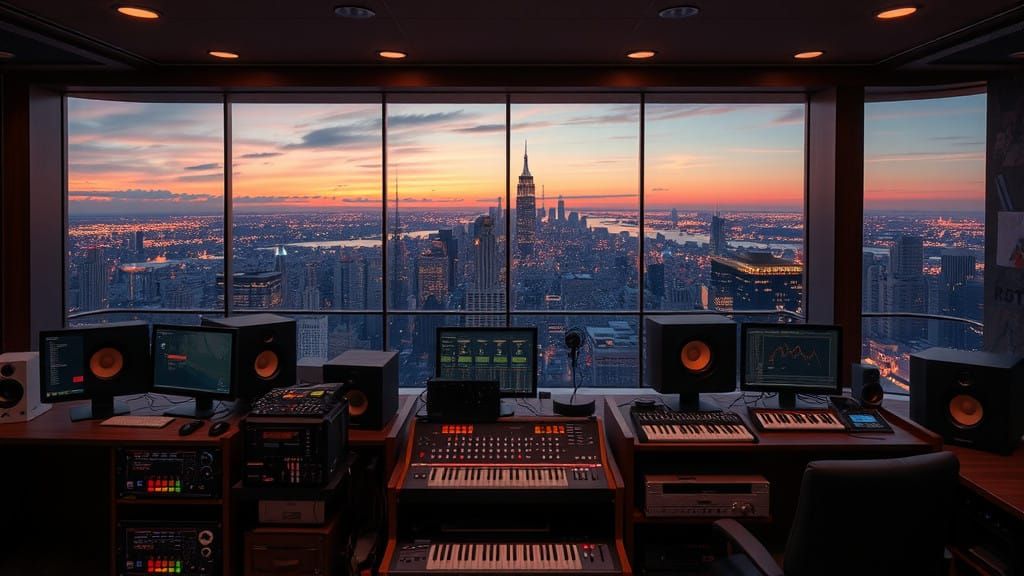 Surreal Futuristic Synth Lab Overlooks Manhattan at Dusk
