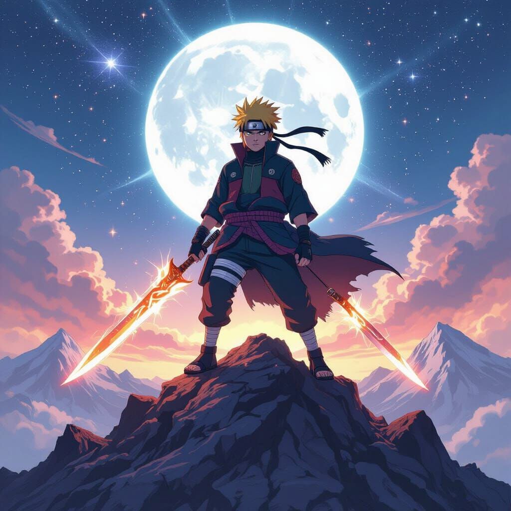 Heroic Anime Character on Mountain Top Under Starry Sky