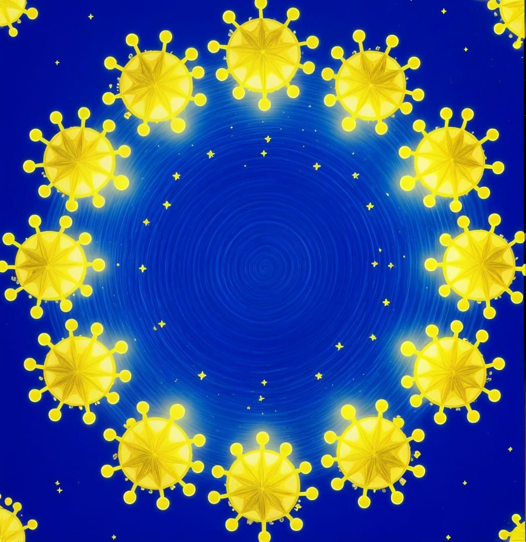 Glowing Yellow Virus Circle on Blue Background