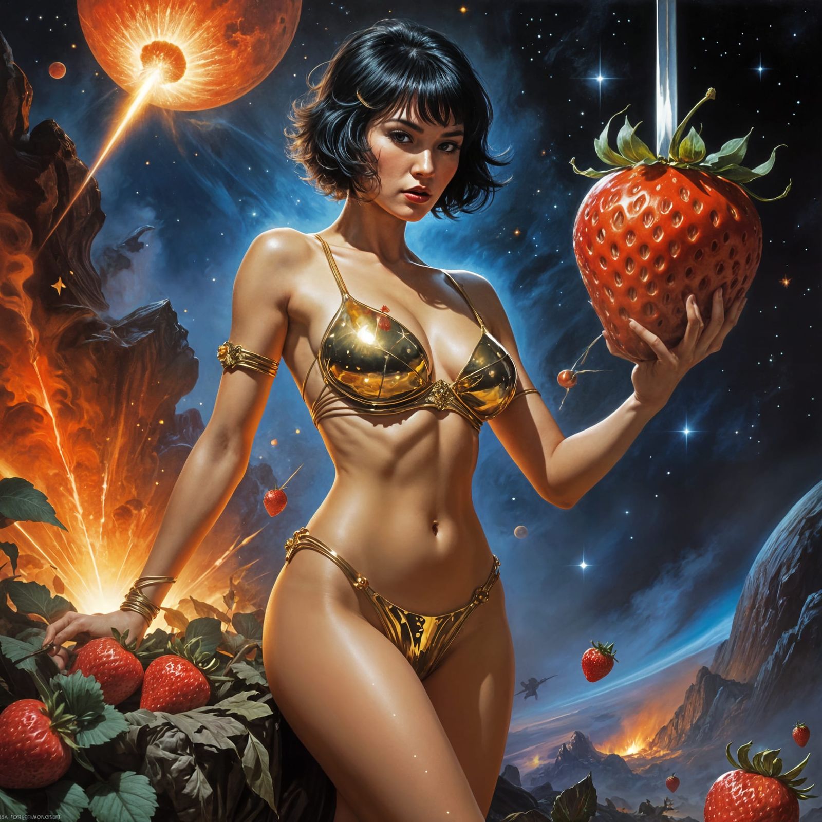 Provocative Japanese Woman with Strawberries and Swords