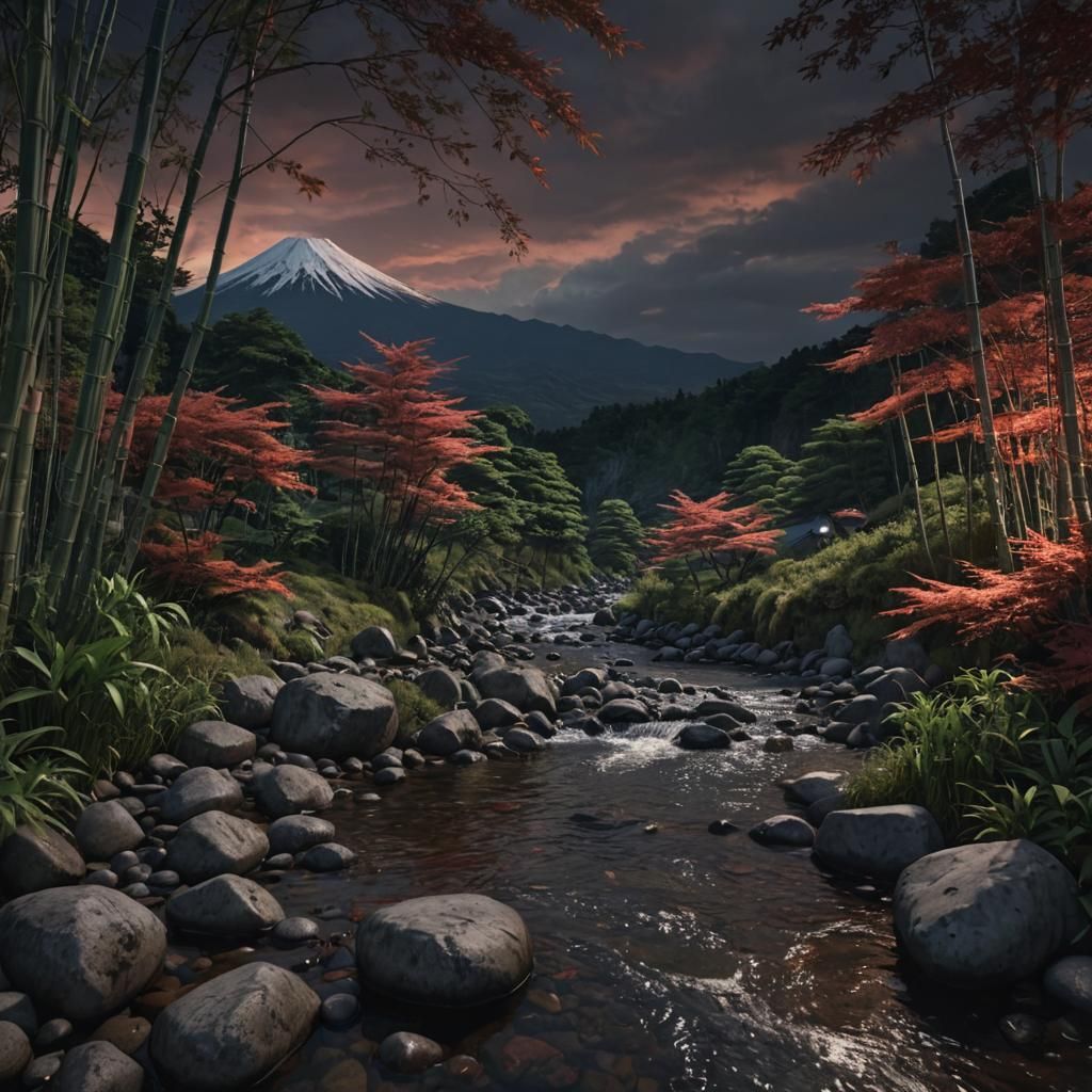Hyperrealistic Mt. Fuji at Night in Bamboo Forest