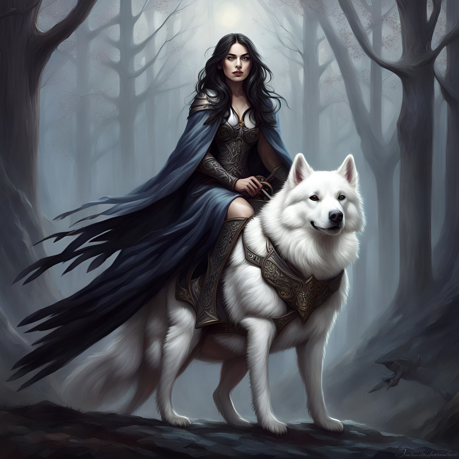Priestess Rides Husky in Fantasy Digital Painting