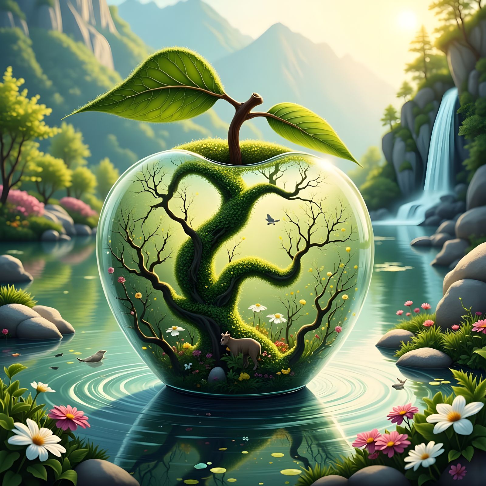 Enchanted Tree Landscape Inside an Apple