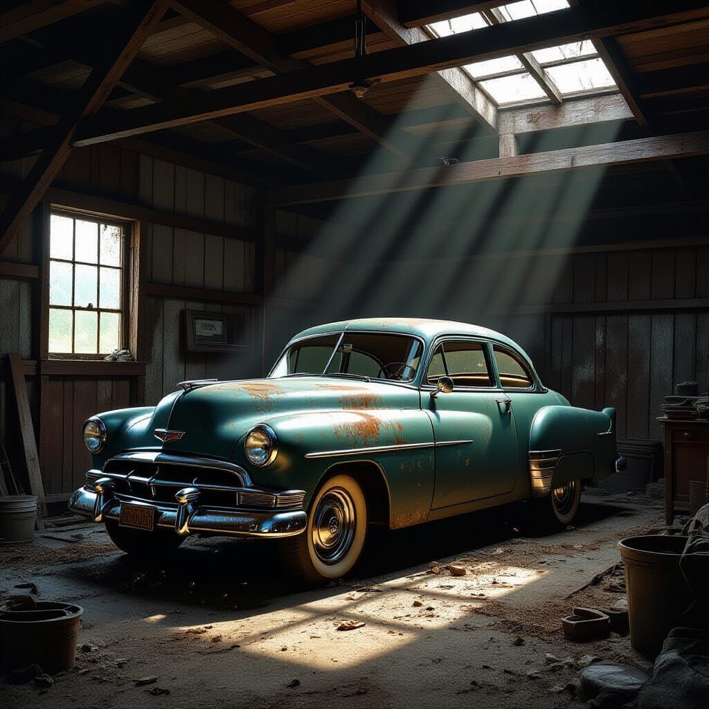 Vintage Car in Forgotten Garage Digital Painting