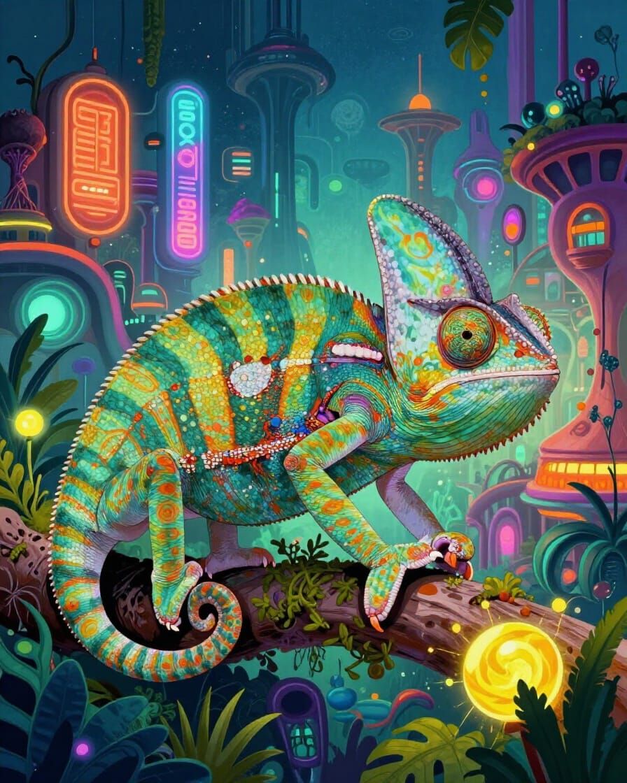 Chameleon in Organic Retrolfuturistic Cityscape Illustration