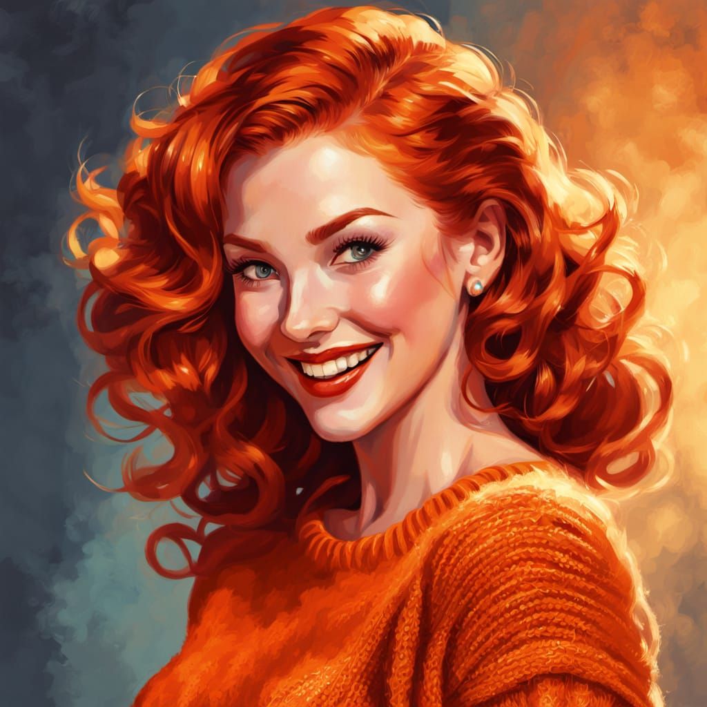 Retro Pin-Up Art: Redhead in Orange Sweater