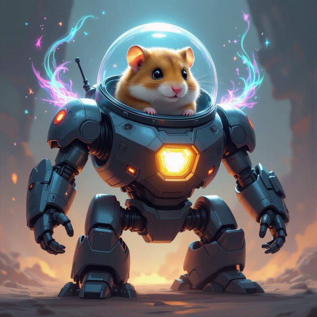 Tiny Hamster Pilot in Giant Mech with Arcane Gem