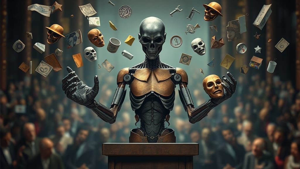 Surreal Disjointed Figure at Podium in Dark Style