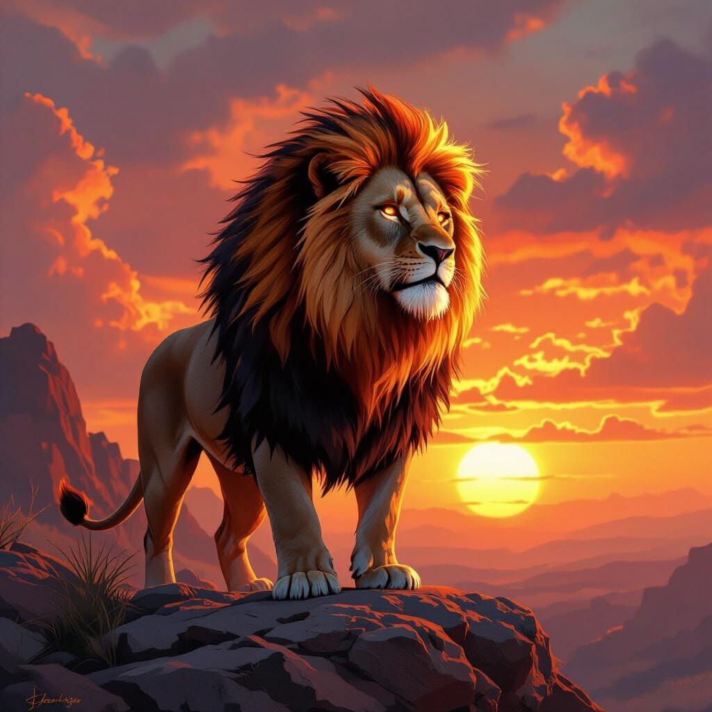 Lion with Fiery Mane in Hyperrealistic Digital Painting