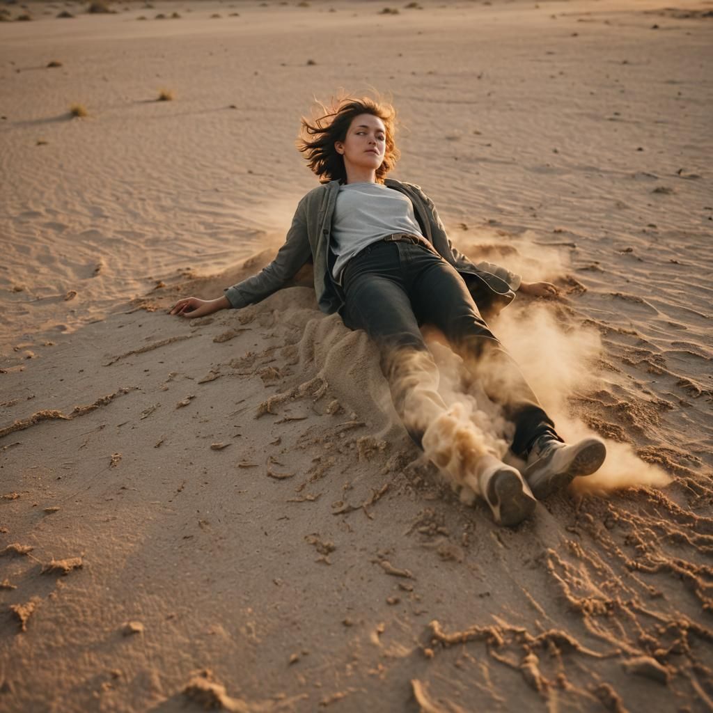 Person Collapses in Desolate Wasteland at Sunset