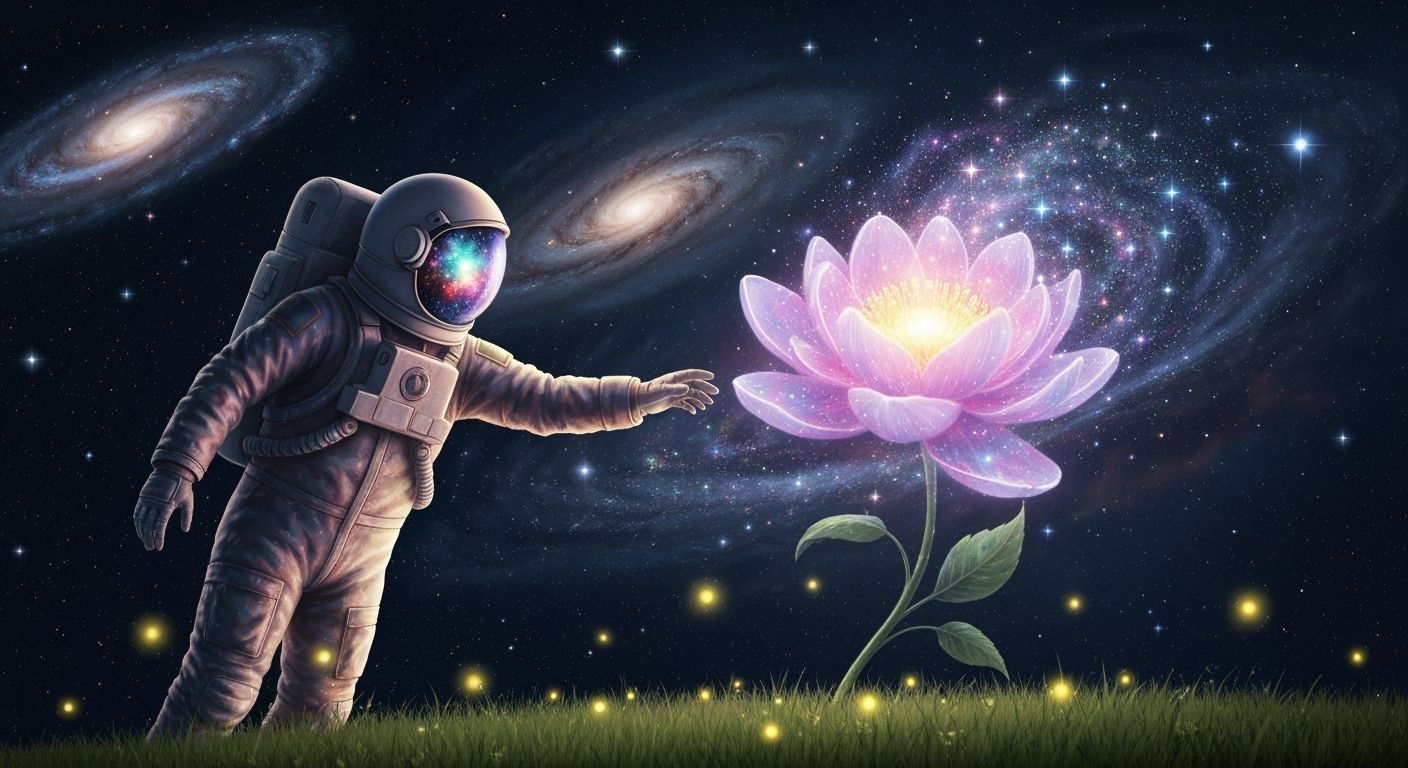 Astronaut Touches Nebula Flower in Cosmic Style